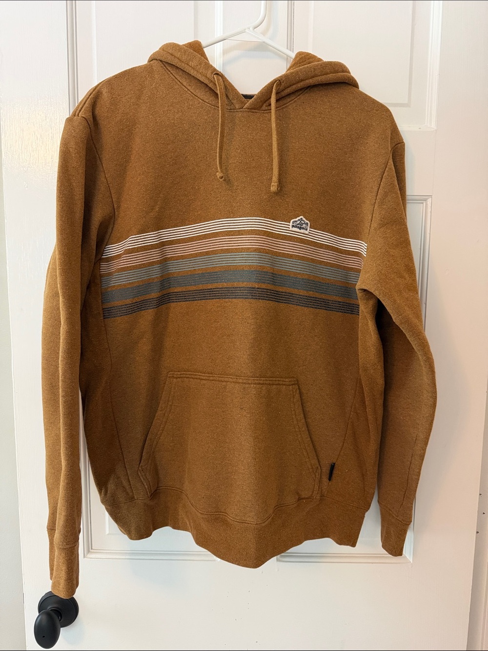 Patagonia Caramel Brown Hooded Pullover with Striped Chest